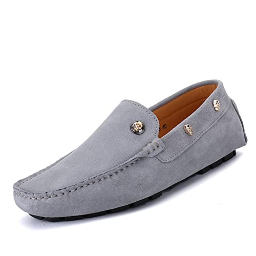 Mens Loafers Suede Vamp with Rivet Stitching Details Genuine Leather Round Toe Comfortable Lightweight Anti-Slip Fashion Slip-on
