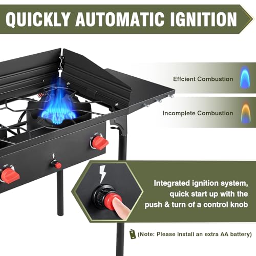 Image of BESTFIRE 2 Burner Camping Stove,150,000 BTU High Pressure Outdoor Propane,4ft 20 PSI Adjustable Regulator Hose With Removable Legs for Backyard Cooking Camping Home
