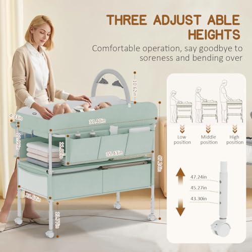 Image of Diaper Changing Station, Portable Changing Table for Baby, Diaper Changing Table with Storage Drawers, Waterproof Baby Changing Station with Wheels and Adjustable Height for Newborn Infant (Green)