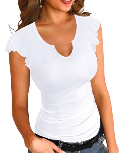 Basicspace Sommer Damen Shirt Ruffle Kurzarm V-Ausschnitt/Rundhalsausschnitt Gerippt Casual T Shirt Fitted Bluse Weiß Shirt（Weiß，M