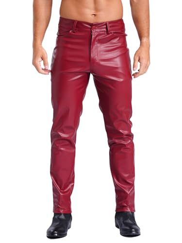 easyforever Men's Faux Leather Straight Leg Pants with Pockets Motorcycle Biker Tight Pants Red 3X-Large