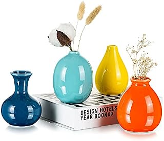 Hewory Bud Flower Vase Small: Modern Mini Coloured Ceramic Vases Set of 4 Glazed Vases for Flowers for Table Centrepiece Decoration, Home Living Room Wedding Reception Decor,10cm