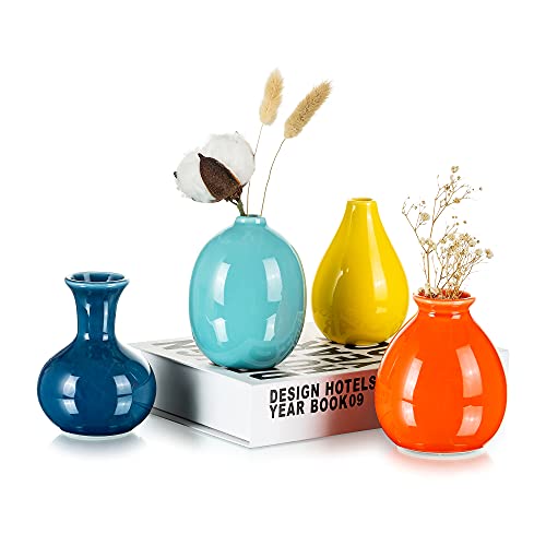 Hewory Bud Flower Vase Small: Mini Jarrones Modernos de CeráMica de Colores Juego de 4 Jarrones Esmaltados para Flores para la DecoracióN de Centros de Mesa, Bodas de la Sala De Estar del Hogar, 10cm Cover