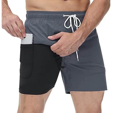 YuKaiChen Mens Swimming Shorts Double Layer Quick Dry Surfing Short Swim Trunks with Compression Liner and Zipper Pockets 32 Grey Cover