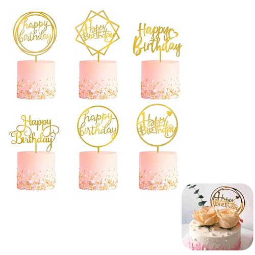 6-Pack Double‑Sided Gold Acrylic Birthday Cake Topper Set, Reusable Glitter Acrylic Cake Decorations for Birthday, Festive & Event Dessert Decor