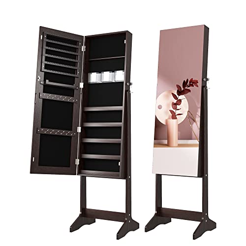 Lvifur Armoire à Bijoux sur Pieds, Miroir Plein Sans Cadre, 3 Angles Réglables, LED Armoire à Bijoux, Verouillable, Style Nordique (Marron)