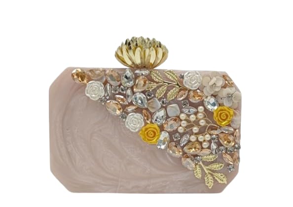 Evening Clutch Purse with Floral Crystal Embellishments, Blush Pink Marble Pattern, Gold Clasp-image-21