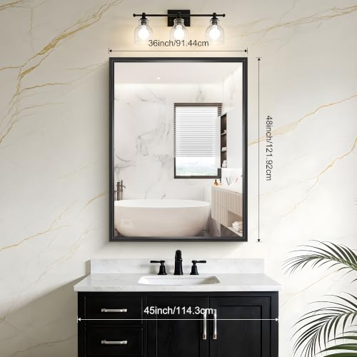 Image of Black Rectangle Mirror, 48 x 36 Inch Large Bathroom Mirrors for Over Sink, 0.6 inch Thickened Deep Frame Rectangular Wall Mirror, Brushed, Tempered Glass, Antirust, Horizontally /Vertically