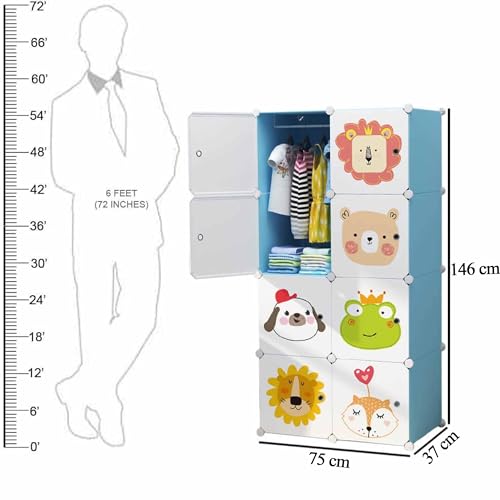 Image of AYSIS Almirah for Clothes, Plastic Soft Sheet Collapsible Wardrobe for Kids Toys /Books, Baby Cupboard Storage in Bedroom Nursery, Cartoon (Blue, 8-Shelf-8-Door)