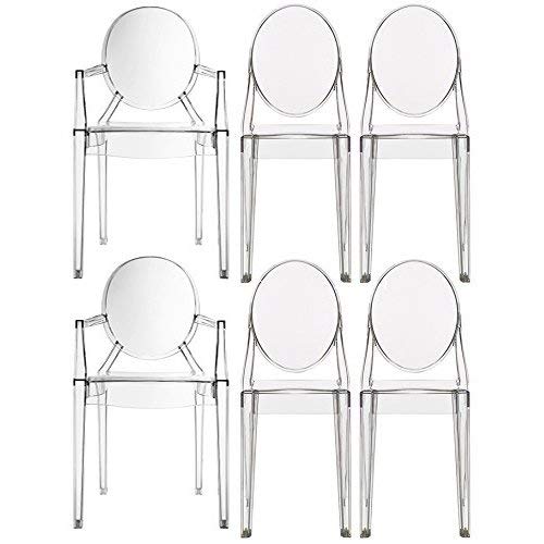 2xhome – Set of Six (6) - Clear - Modern Designer Ghost Style Chairs - Two (2) Louis Ghost Armchairs W/arm - And Four (4) Armless Victoria Ghost Side Chairs