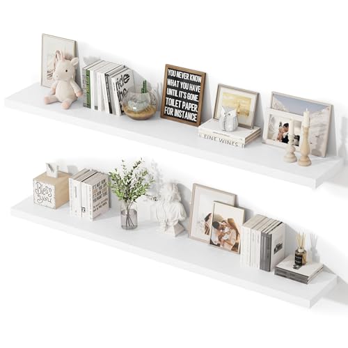 Image of 55 Inch Floating Shelves, 12 Inch Deep Floating Shelves for Wall, Extra Deeper & Thicker Wooden Wall Shelf with Invisible Brackets, Shelf for Bedroom Living Room Home Decor(White, Set of 2)