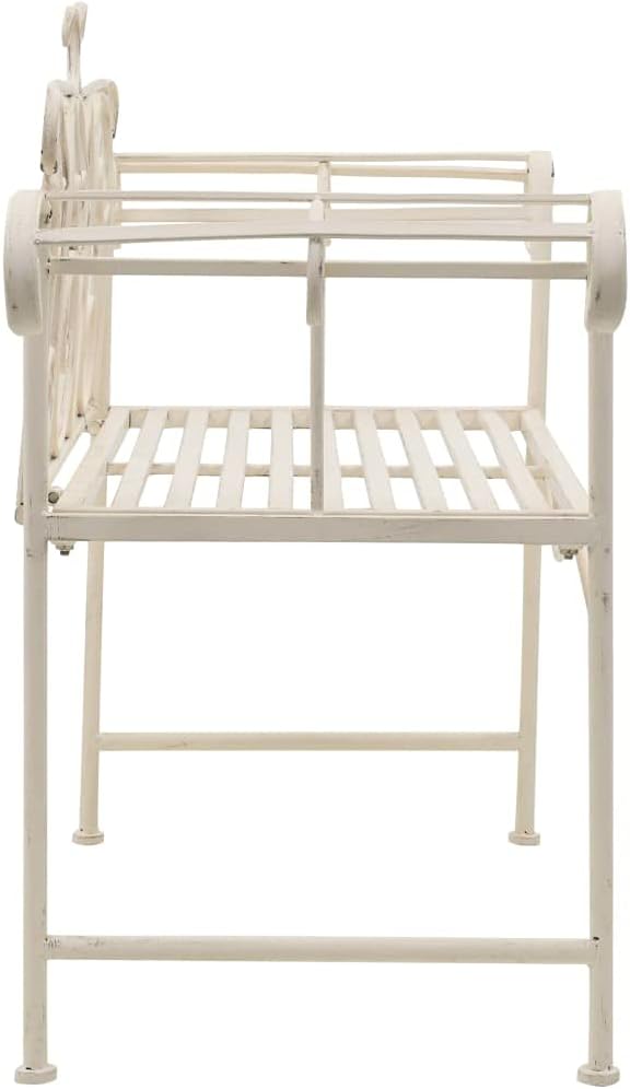 Garden Bench Antique White Metal 52 in Width Decorative Inlays,Sturdy Metal Garden Bench with Vintage Scroll Design, WeatherResistant and for Outdoor Use Patio Furniture