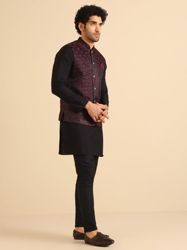Men's Nehru Jacket, Burgundy Jacquard, Woven Design Regular Fit Mandarin Collar Sleeveless3