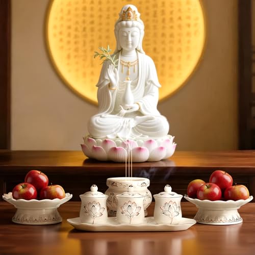 Buddhist Altar Supplies Set - White Ceramic with 3PCS Holy Water Cups, Fruit Plate & Incense Burner for Buddha Worship & Shrine Buddhist Religious Supplies Buddhist Shrine Accessories