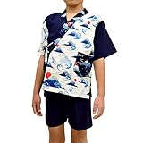 [あい藍] 日本製 子供甚平 富士×波 90 /100 /110 / 120 洗える 涼しい 夏 祭り 花火 上質 高級 STAY HOME 着物 (120cm(7-8歳), ネイビー)