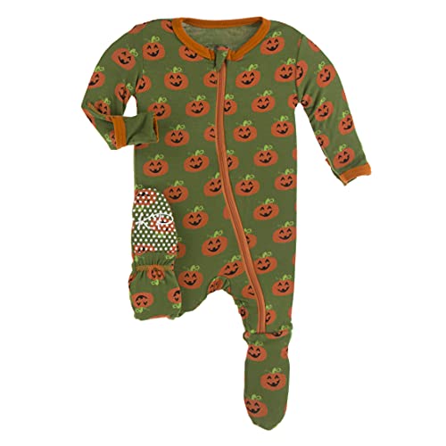 KicKee Pants Halloween Footie with Zipper in Spooky Fun Prints, One-Piece Boy or Girl Baby Clothes, Super Comfortable Sleepwear for Babies and Kids (Moss Jack O'Lantern - 0-3 Months)