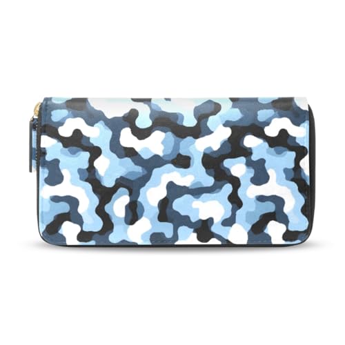 Long Wallets Leather Bifold Wallet for Women Blue Camouflage with Zipper Credit Card Holder Large Capacity