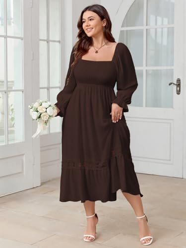SCOMCHIC Women's Plus Size Wedding Guest Formal Dresses Fall Long Sleeve Square Neck Smocked Flowy Lace Trim Maxi Dress4