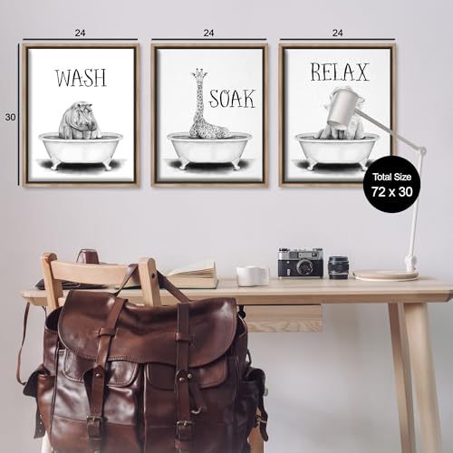 Image of Jungle Animals Bathroom Signage, 24 x 30 Inch Canvas in Floater Frame Set | Stupell Industries . By Rachel Nieman . Ready to hang . Great for bath and laundry . Made in USA