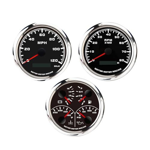 MOTOR METER RACING W PRO Series 3 Gauge Set 85mm 3-3/8" GPS Speedometer, Tachometer & 4 in 1 Multi-Function Volt, Fuel Level, Water Temperature & Oil Pressure Black Dial White LED for Car, Boat