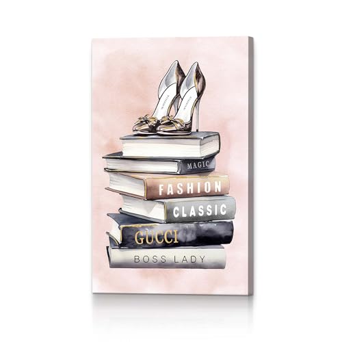 Image of HILL WEST Pink Modern Canvas Wall Art - Glam Fashion Magazine Picture Prints Stacked Book & High Heels Painting Contemporary Artwork for Girl's Room Bedroom
