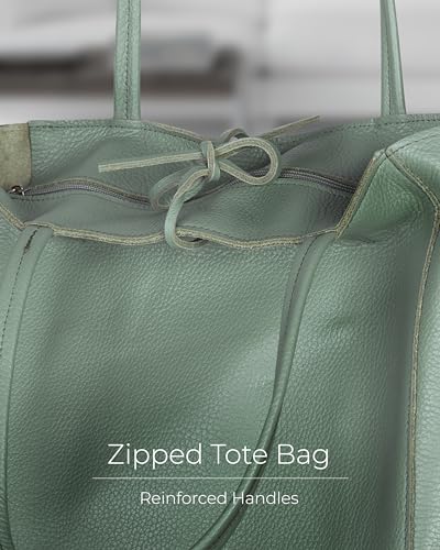 Image of Genuine Italian Leather Tote Bag for Women, Large Slouchy Purse, Sage Green | Unstructured bag, raw unlined interior with zip pocket, top zipper, side ties, folds flat, fits a 16-inch laptop, lightweight