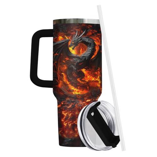 34HD Dragon Coffee Tumbler with Handle & Straw, 40oz Do Not Poke The Dragon Mug, Gifts for Fathers Day Birthday Christmas, Unique Gifts for Dad Brother Friend Uncle Boyfriend Boy by 34HD - Used condition - Image 3