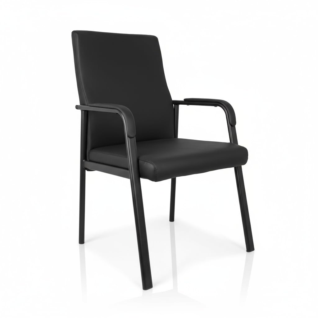 Leather Office Guest Chair, Guest Conference Room Chair, 600 LBS Capacity High Back Reception Chair with Padded Armrests, No Wheels, Black - 1 Pack