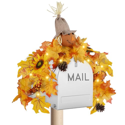 winemana 31.5in Outdoor Fall Decor for Mailbox Lighted Fall Swag with 8 Modes & Timer Autumn Scarecrow & Sunflower Thanksgiving Table Centerpiece Decorations