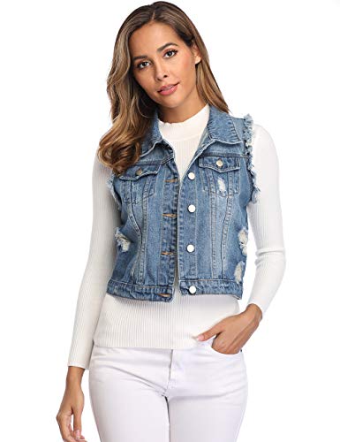 Sleeveless Jean Jacket for Women Button Up Cropped Lapel Frayed Washed Ripped Denim Vest Pockets Blue XL