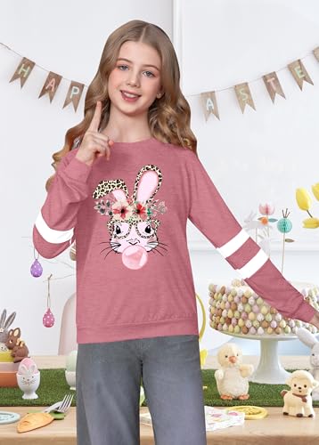 Image of LAZYCHILD Kids Easter Shirt Girls Happy Easter Shirts Rabbit Graphic Long Sleeve Striped Tee Tops 5-14 Years