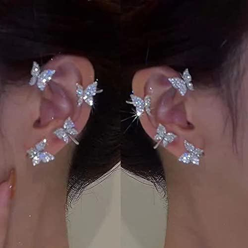 Asphire Glitter Rhinestone Butterfly Snowflake Ear Cuff 1 Pair Vintage Non-Piercing Fake Earrings Bridal Wedding Climber Ear Wrap Prom Ball Jewelry for Women Girls (Butterfly)