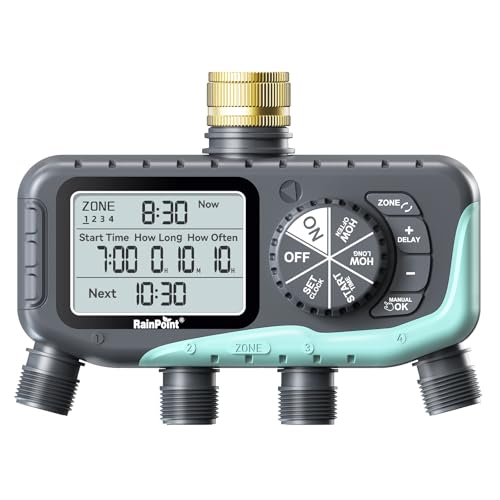 RAINPOINT Bewässerungscomputer 4 Ausgänge Messingeinlass IP65 Wasserdicht Wasserzeitschaltuhr mit Regenverzögerung/Manueller Bewässerung Automatische Bewässerung für Rasen und Garten
