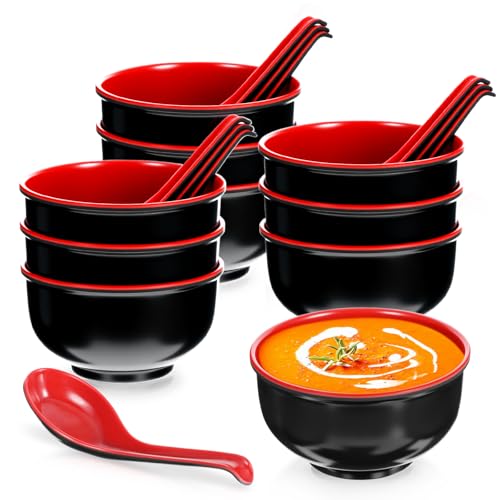 Limbeuuu Set of 10 Miso Soup Bowl with Spoon, Restaurant Quality Melamine Cereal Rice Bowl, 16 Oz Unbreakable Japanese Dinnerware for Ramen, Udon Noodle, Dishwasher Safe