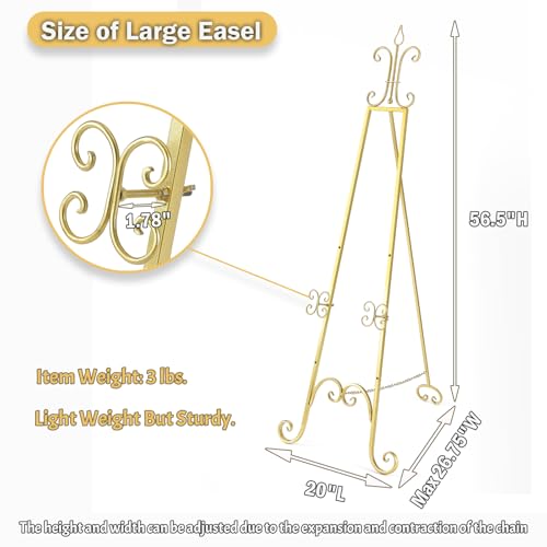 20"L x 26.75"W x 56.5"H Large Easel Stand for Display, Adjustable Heigh Metal Gold Easel Stand with Chain Support, Heavy Duty Easel for Mirror, Sign, Wedding, Picture Frame. (No Installation Required) by XAONIEN - Image 5