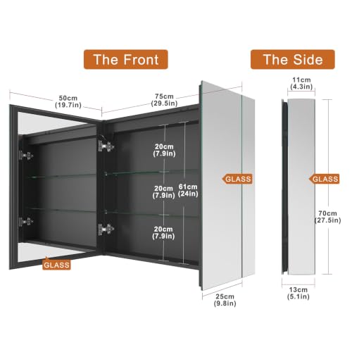 Image of 30*28 inch Two-door Aluminum LED Lighted Bathroom Medicine Mirror Cabinet
