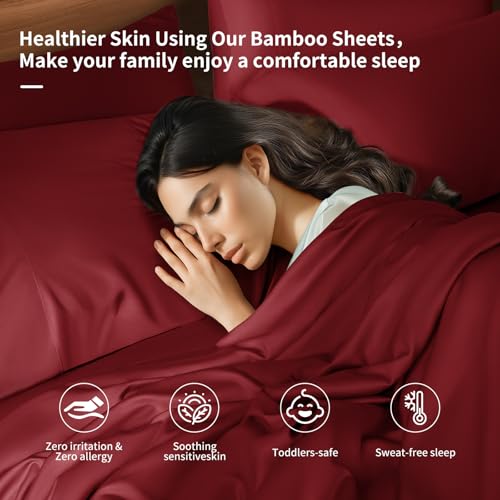 Image of Shilucheng 6 Piece California King Sheet Sets, Cooling Sheets, Blend Rayon Derived from Bamboo, Deep Pocket Up to 16 inch, Breathable & Soft Bed Sheets, Hotel Silky Bedding Set, Burgundy