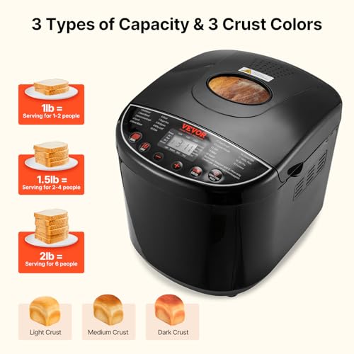 Image of VEVOR Bread Maker, 19-in-1 2LB Dough Machine, Nonstick Ceramic Pan Automatic Breadmaker with Gluten Free Setting, Whole Wheat Bread Making, Digital, Programmable, 3 Loaf Sizes, 3 Crust Colors