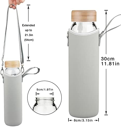 Ferexer Large Motivational Glass Water Bottle with Straw & Time Marker 1 litre / 1l, Wide Mouth Borosilicate Water Bottle with Bamboo Lid and Neoprene Sleeve Green