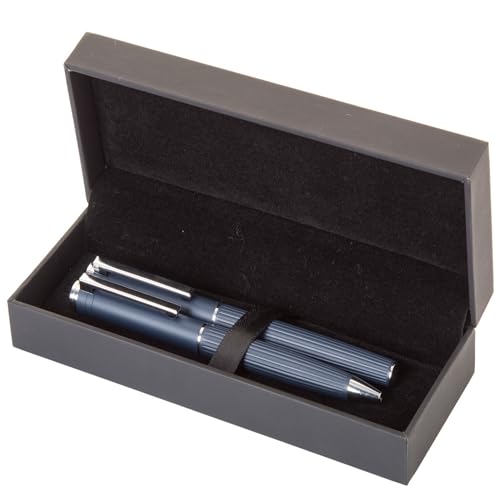 noTrash2003 - noTrash2003 Ensemble stylo à bille et stylo roller élégant avec corps en aluminium à texture rayée, coffret cadeau noir avec recharge bleue, fournitures de bureau, idée cadeau (bleu)