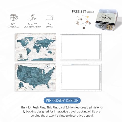 Image of IPIC - Antique Blue World Map & USA Map Canvas Wall Art Set of 2, Travel Wall Decor with Pins Included, Ready to Hang for Office or Living Room, 24x16 Inch