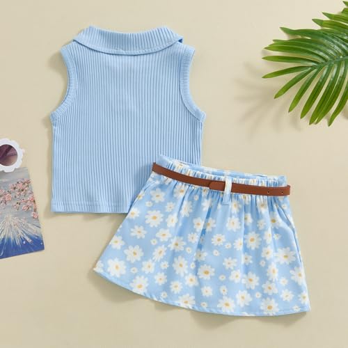 Image of BeQeuewll Toddler Baby Girl Summer Clothes Daisy Flower Girl Outfit Knit Shirt Mini Pleated Skirts Set Outfits for Grils1-4T (Blue, 3-4 Years)