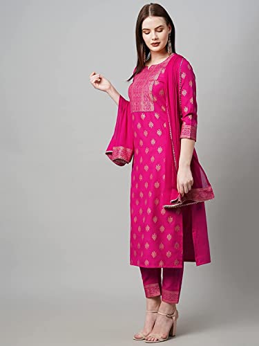 Image of GoSriKi Women's Cotton Blend Printed Straight Kurta with Pant & Dupatta