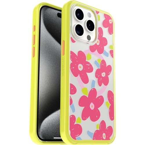 Image of OtterBox iPhone 15 Pro MAX (Only) Symmetry Series Clear Case - WHIMSY BLOOM (Yellow), snaps to MagSafe, ultra-sleek, raised edges protect camera & screen