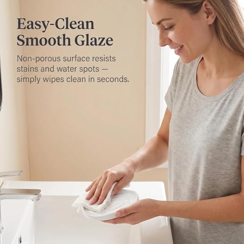 Image of Ceramic Soap Dish with Swirl Grooves, Easy to Clean Soap Holder, Soap Saver Tray for Bathroom, Kitchen & Shower (White)