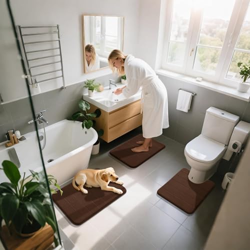 Image of Yimobra Memory Foam Bath Mat Set 3 Pieces- Super Soft Absorbent Quick Dry Bathroom Rug Sets, Machine Washable Non Slip Floor Carpet for Tub Shower, Vanity & Toilet Base, Brown