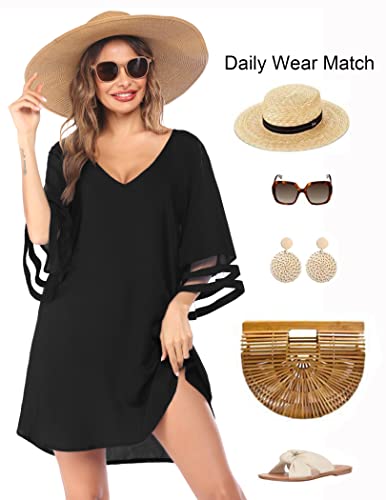 Czdolay Women's Sleepshirts Silk Sleep Tee 3/4 Sleeves V Neck Nightgown (Black, Xxl) #TOP2