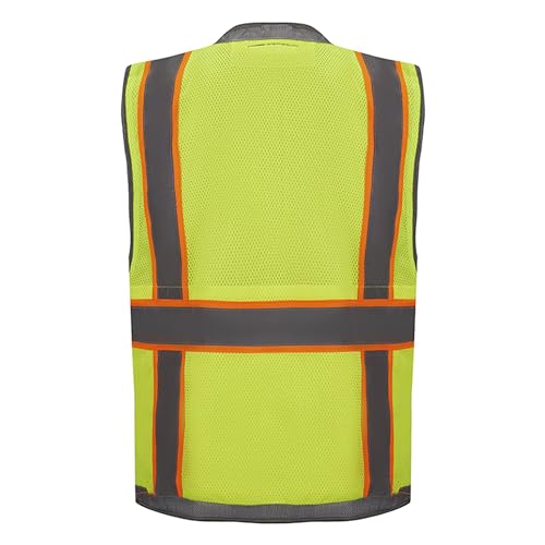 SV2700, Class 2, Hi-Vis Neon Green/Yellow Zipper Safety Vest Reflective Strips w/Orange Binding, 9 Pockets (IPAD)2