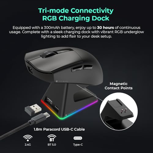Image of TECWARE EX1 Lightweight Gaming Mouse | 26K DPI Wireless Mouse with OLED Display | 59g Ultra-Light Design | RGB Charging Dock | Tri-Mode Connectivity 2.4GHz /Bluetooth /Wired with Grip Tape | Black