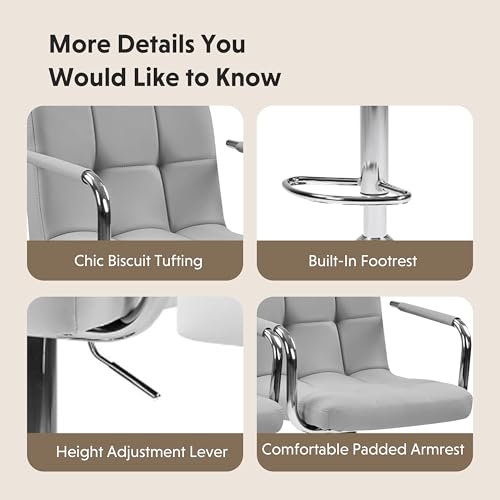 Image of HealSmart Bar Stools Set of 2, Adjustable Swivel Bar Chairs with Cushioned Armrests & Ergonomic Backrest, Water-Resistant PU Leather for Kitchen Island Counter Pub Dining Room, Grey